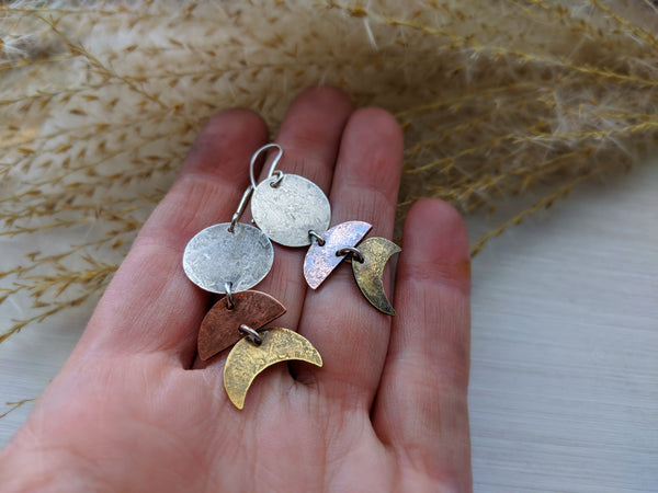 Moon Phase Earrings - mixed metal moon cycle dangles