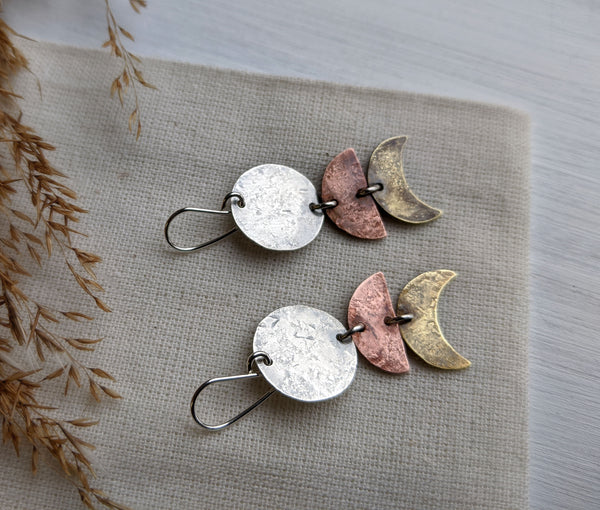 Moon Phase Earrings - mixed metal moon cycle dangles