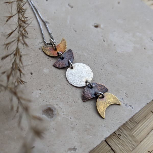 Moon Cycle Necklace - mixed metal moon phase pendant
