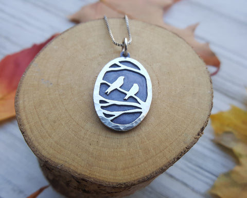 Birds in the trees - copper and silver pendant