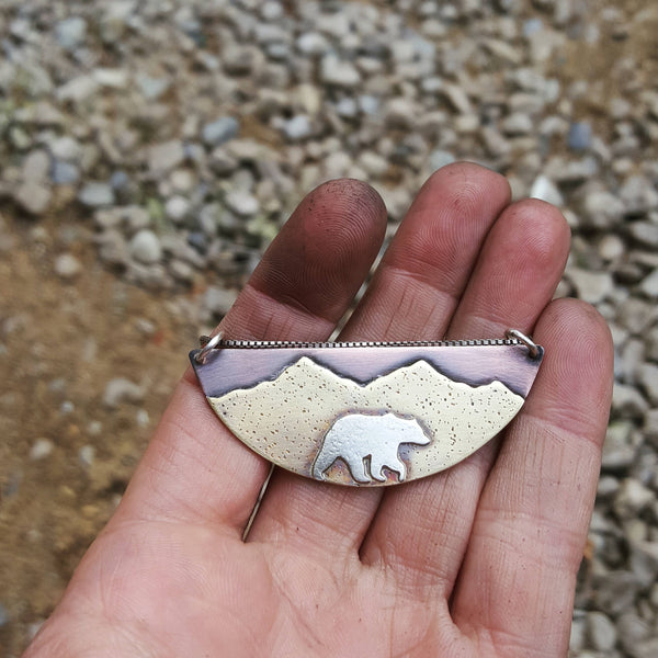 Bear Mountain Pendant - Grizzly Bear Mountain Landscape Necklace