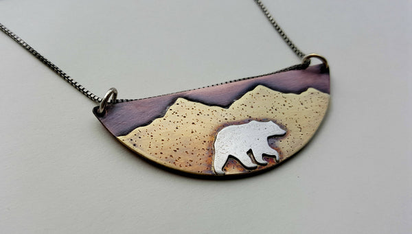 Bear Mountain Pendant - Grizzly Bear Mountain Landscape Necklace