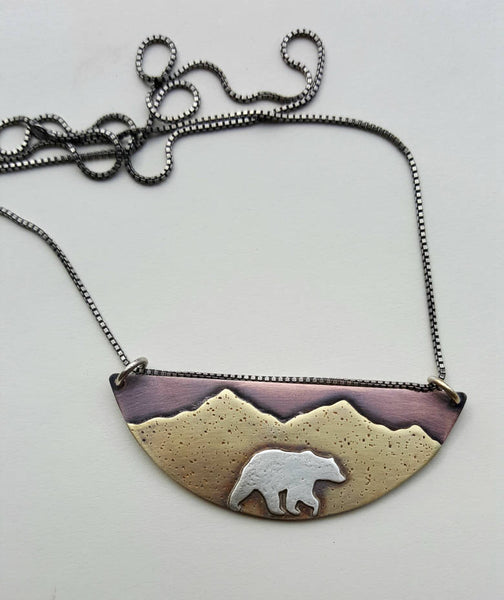 Bear Mountain Pendant - Grizzly Bear Mountain Landscape Necklace
