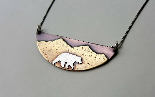 Bear Mountain Pendant - Grizzly Bear Mountain Landscape Necklace