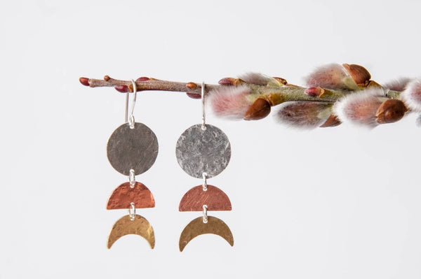 Moon Phase Earrings - mixed metal moon cycle dangles