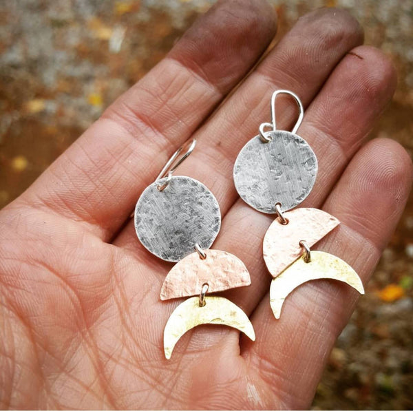 Moon Phase Earrings - mixed metal moon cycle dangles