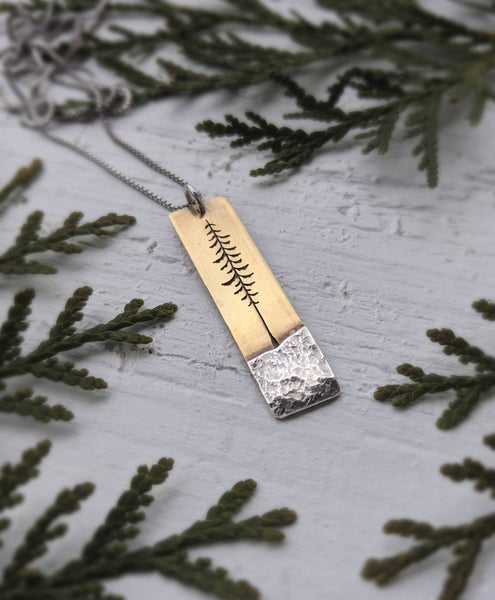 Tall Spruce - Mixed metal evergreen tree necklace