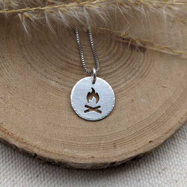 Campfire charm - silver bonfire necklace