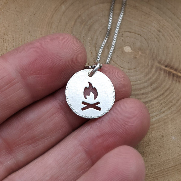 Campfire charm - silver bonfire necklace