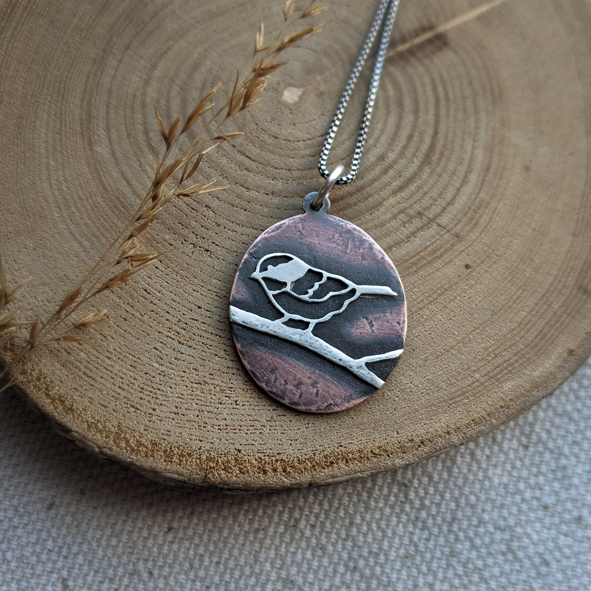 Black-capped Chickadee Pendant - copper and silver