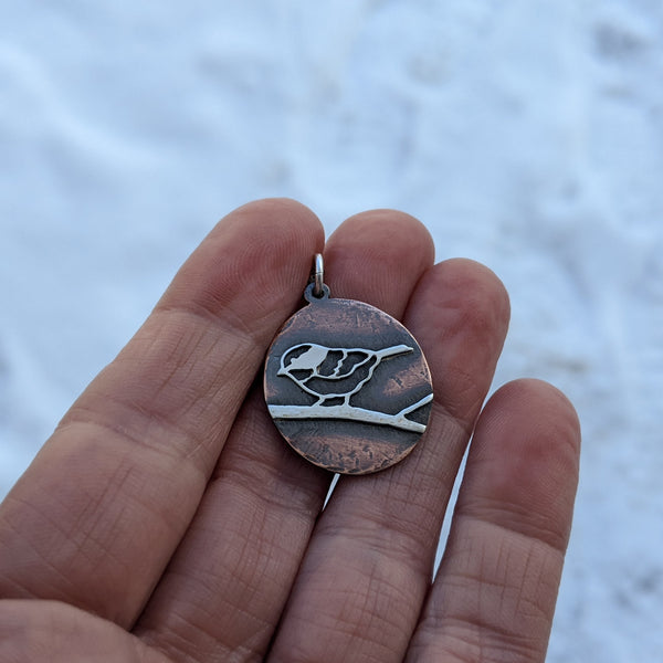 Black-capped Chickadee Pendant - copper and silver