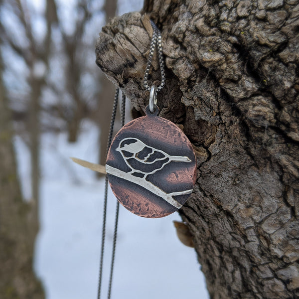 Black-capped Chickadee Pendant - copper and silver