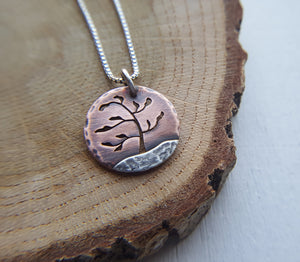Windswept Pine - copper and silver mixed metal tree pendant