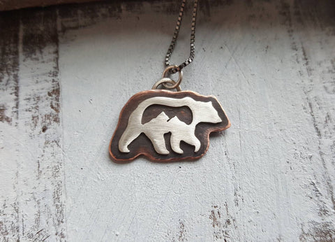 Rocky Mountain Grizzly - mixed metal bear mountain pendant